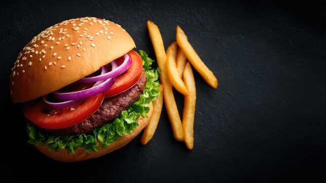 Delicious and Juicy Hamburger with Fresh Vegetables Served Alongside Crispy French Fries on a Dark Background Ideal for Food Photography and Culinary Blogs