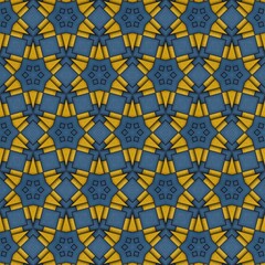 Vibrant geometric pattern featuring a repeated arrangement of star and triangular shapes in striking yellow and deep blue