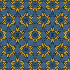 Intricate geometric pattern featuring a repetitive design of star shapes intertwined with triangular elements in rich blue and vibrant yellow