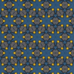 Complex geometric design showcasing a repetitive arrangement of star and diamond shapes in deep blue and vibrant yellow