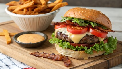 Close up of a burger with fries and sauce on a wooden surface