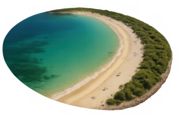 Aerial view revealing pristine turquoise coastline, white sandy shore nestled among verdant tropical greenery, isolated landscape