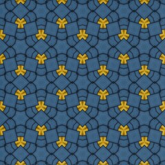 Complex geometric pattern displaying a repetitive arrangement of square and interlocking shapes in vibrant yellow and deep blue