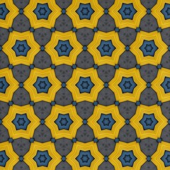 Intricate geometric pattern showcasing a repetitive arrangement of star shapes and curved lines in vibrant yellow and deep blue