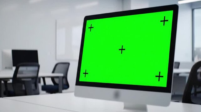 Modern office workspace with a computer monitor displaying a green screen. Chroma key, green screen, template, mock up and copy space concept