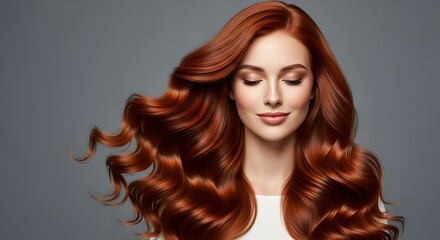 Fototapeta premium Stunning Young Woman with Long Glossy Red Hair, Loose Waves, Flawless Skin, Soft Makeup, and Radiant Smile in Studio—Glamorous Beauty and Healthy Haircare Concept