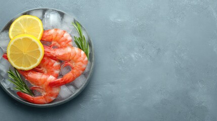 Freshly Cooked Shrimp Served on Ice with Lemon Slices and Garnished with Green Herbs on a Gray Background for Culinary and Food Photography