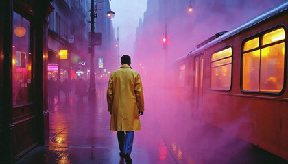 A man in a new york street, with the metro passing by