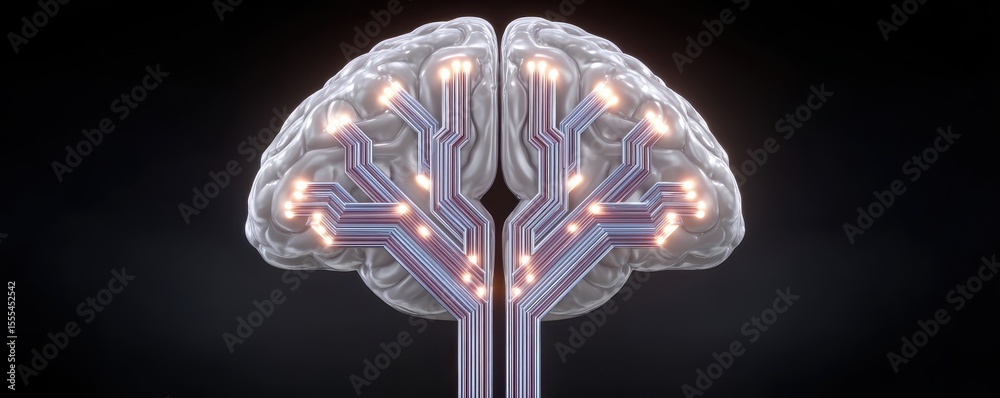 Poster a digital illustration of a brain with glowing circuit-like pathways symbolizing artificial intellig