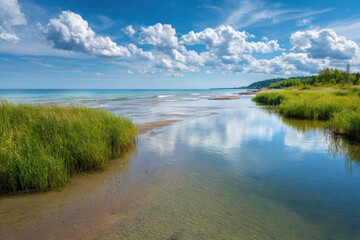 serene summer landscape featuring fluffy clouds drifting over pristine ontario coastline