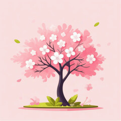 Fototapeta premium Cherry blossom trees are in bloom with petals flying in the air.
