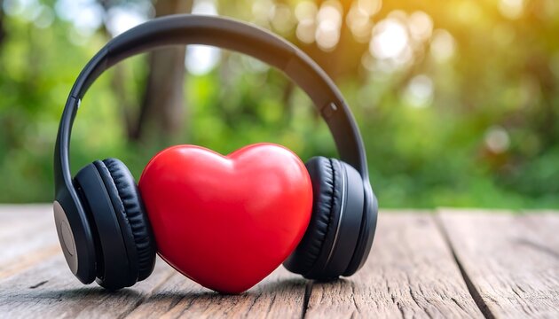 Heart Headphones with Outdoor Music Therapy, Love  Nature Background, and Wooden Table.