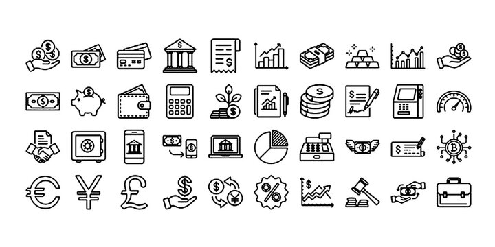 Finance line icon set. Vector pictograms of money, wallet, banking tools, currency symbols, investment chart, financial services, piggy bank, dollar thin linear illustration.