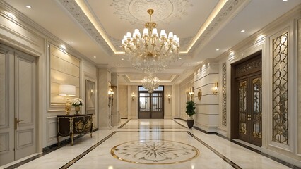 Ornate hallway with chandeliers and decorative marble flooring