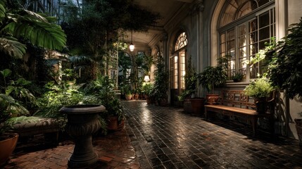 Fototapeta premium Mystical Courtyard with Lush Greenery and Classical Architectural Elements