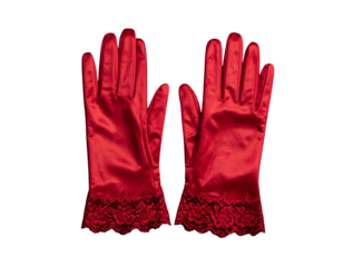 A pair of Red formal gloves with lace trim laying flat against a black background showing both gloves fully.