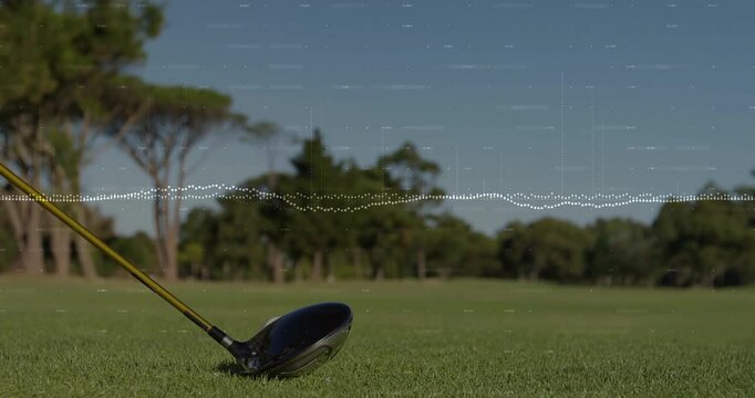 Audio waveform pulsing activating tee emerging by driver head, striking ball off tee across fairway