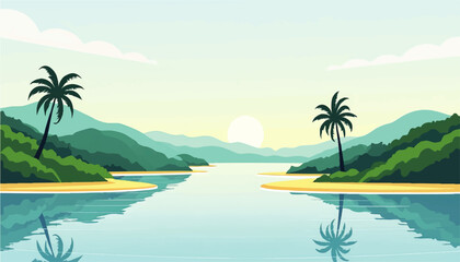Tropical Beach Sunrise Landscape Vector Illustration with Palm Trees, Reflections, Turquoise Water, and Lush Green Hills