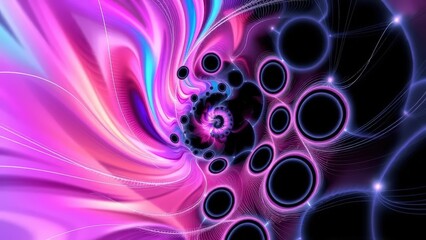 Abstract fractal art, swirling vortex of pink, blue, and orange hues, black circular voids arranged in a spiral pattern