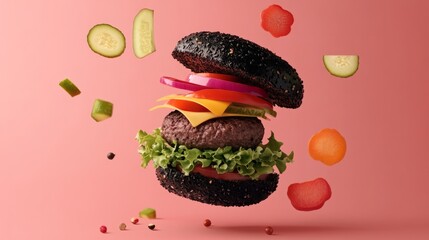 Rendered black bun burger, colorful meat and vegetable burger separated and floating generative ai