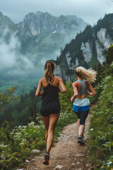 Naklejka premium Girls running down a mountain slope, sport and relaxation
