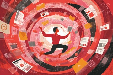 Overwhelmed by Information: A person surrounded by emails, documents, and digital media within a vortex of data overload.
