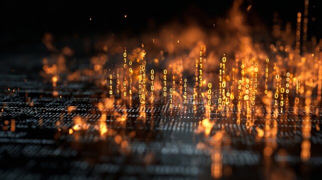 Digital Data Breach Concept with Binary Code in Flames

