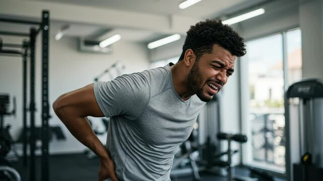 Man experiencing back pain during workout at gym in daylight
