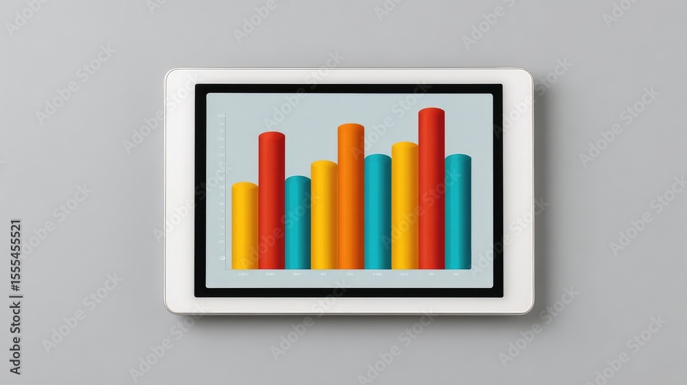 Poster modern digital tablet displaying colorful bar graph illustrating data trends and analysis in a conte