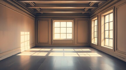 Obraz premium Light streams into an elegant classical space with windows and paneling