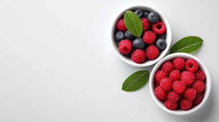 Fresh and Vibrant Berries in White Bowls: A Colorful Display of Raspberries and Blueberries with Green Leaves on a Soft Gray Background