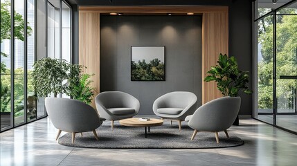Modern Office Lobby with Stylish Gray Armchairs Representing Professional Workspace Design Corporate Interiors and Office Comfort for Business Solutions Interior Styling and Architecture