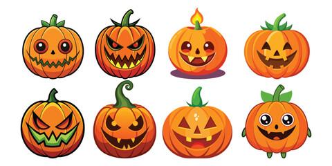 Collection of cheerful halloween pumpkins with various expressions isolated on white background