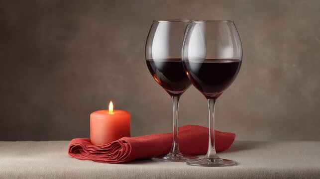 Romantic setting with two elegant wine glasses filled with red wine, a lit candle glowing softly, and a red napkin creating an intimate atmosphere for a cozy evening