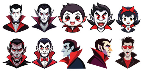 Collection of cartoon vampire characters isolated on white background for halloween designs and illustrations