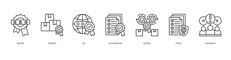 Quality Standard banner web icon set vector illustration concept with icon of Quality, Product, Iso, Accreditation, Quality, Policy, Complaint