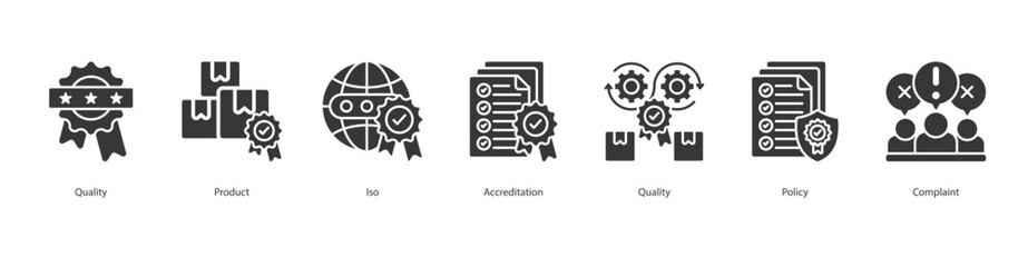 Quality Standard banner web icon set vector illustration concept with icon of Quality, Product, Iso, Accreditation, Quality, Policy, Complaint