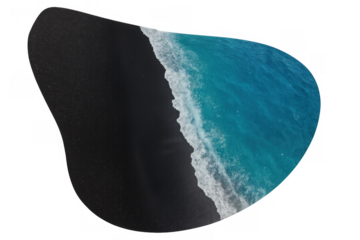 Aerial view of turquoise ocean waves crashing on a black sand beach, perfect for travel and tourism projects, with transparent background