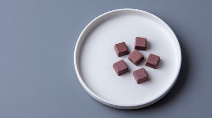 Obraz premium Delightful Square Chocolate Cubes on Elegant White Plate Against Minimalist Gray Background Perfect for Dessert and Culinary Photography
