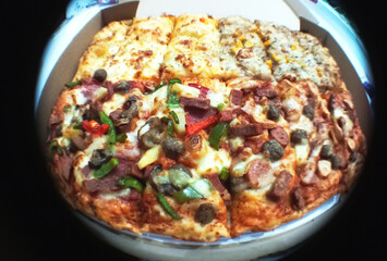 Delicious Pizza with Various Toppings in Box