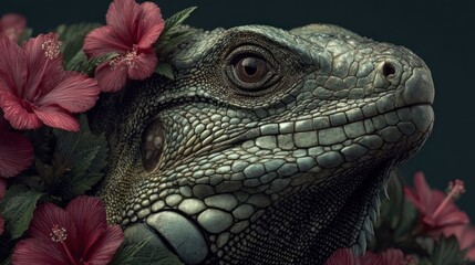 Obraz premium Captivating close-up of an iguana surrounded by blooming hibiscus flowers