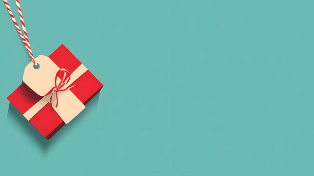 Red gift box with beige label and string on teal background, creating festive and minimalist design