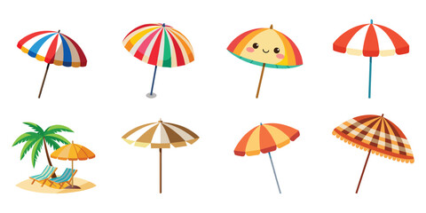 Obraz premium Collection of colorful beach umbrellas and chairs evoking summer vacation vibes isolated on white background