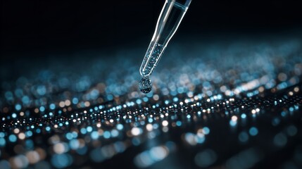 Droplet of DNA Sample Through Pipette Over Research Surface.

