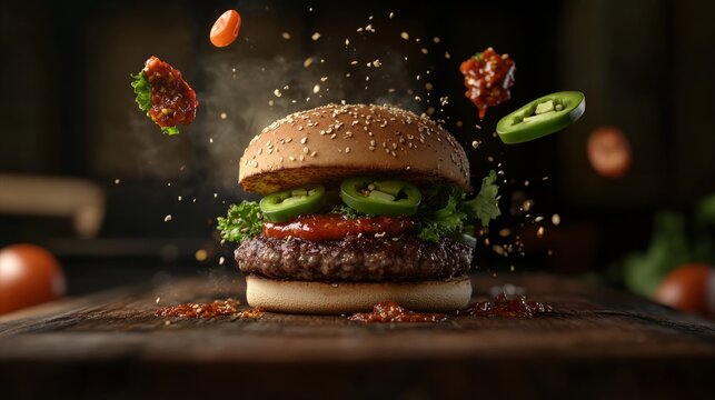 Spicy burger with jalapenos and chipotle sauce, dramatic levitation of ingredients, generative ai