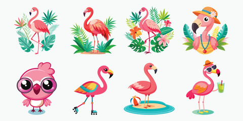 Collection of cute cartoon flamingo illustrations for summer vacation and tropical design isolated on white background