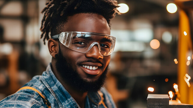 Worker wearing safety glasses smiles while shaping metal in workshop - Powered by Adobe