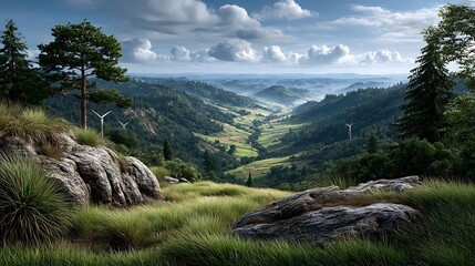 A distant view of a green valley filled with solar panels and tall white wind turbines.