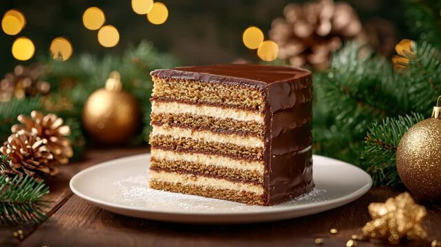 Chocolate cake slice with layered cream white plate surrounded by festive pine branches and golden decorations creating warm holiday atmosphere perfect dessert for holiday celebration and decoration