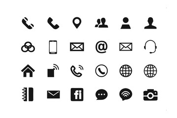 Vector Contact Icons: A modern collection of sleek, monochromatic vector icons representing essential contact and communication elements. This set is perfect for various design projects.